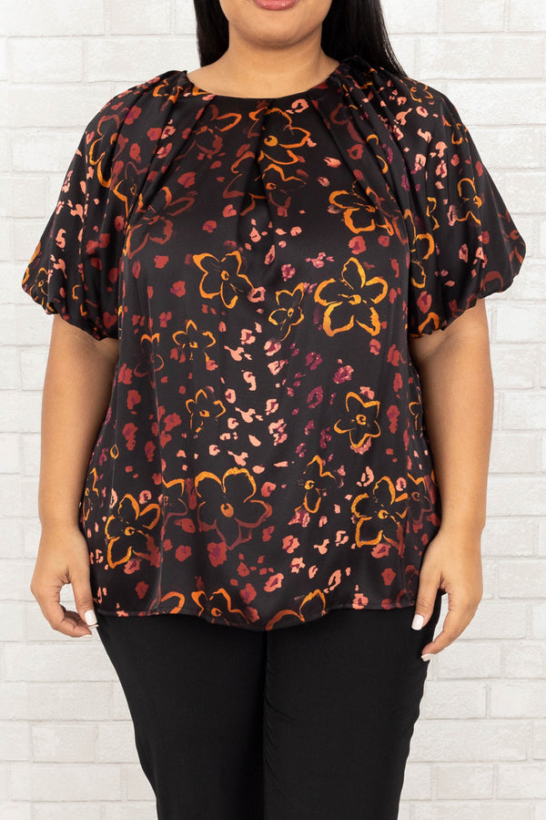 Chic Soul plus size clothing, black flowy blouse with multicolor floral pattern and bubble sleeves