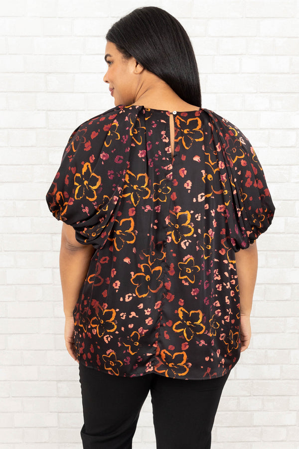 Chic Soul plus size clothing, black flowy blouse with multicolor floral pattern and bubble sleeves