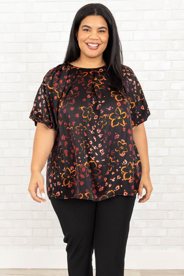 Chic Soul plus size clothing, black flowy blouse with multicolor floral pattern and bubble sleeves