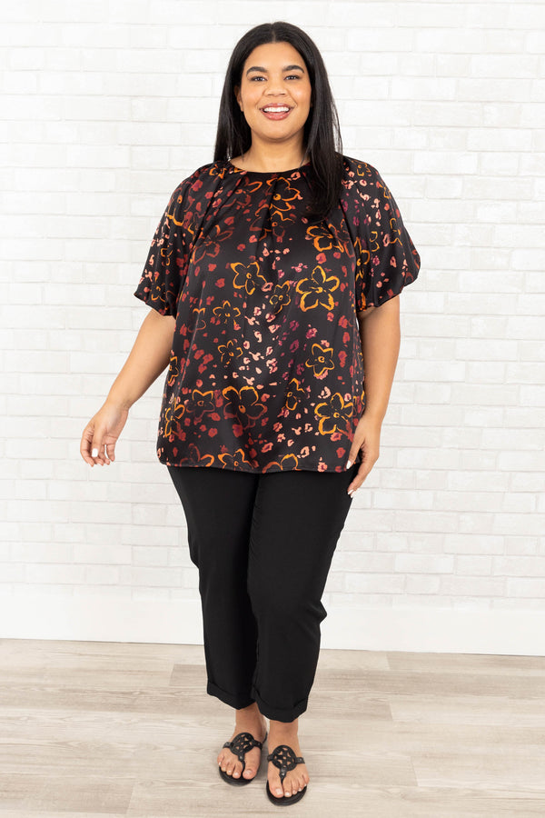 Chic Soul plus size clothing, black flowy blouse with multicolor floral pattern and bubble sleeves