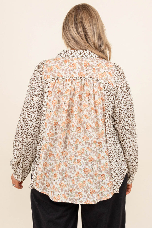 Chic Soul plus size clothing, floral multi design v neck long bubble sleeve blouse in natural tones