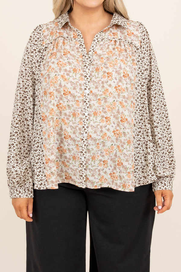 Chic Soul plus size clothing, floral multi design v neck long bubble sleeve blouse in natural tones