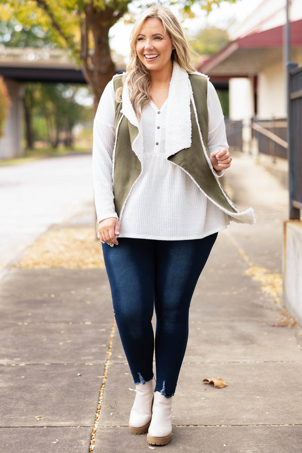 Chic Soul plus size clothing, olive and white vest
