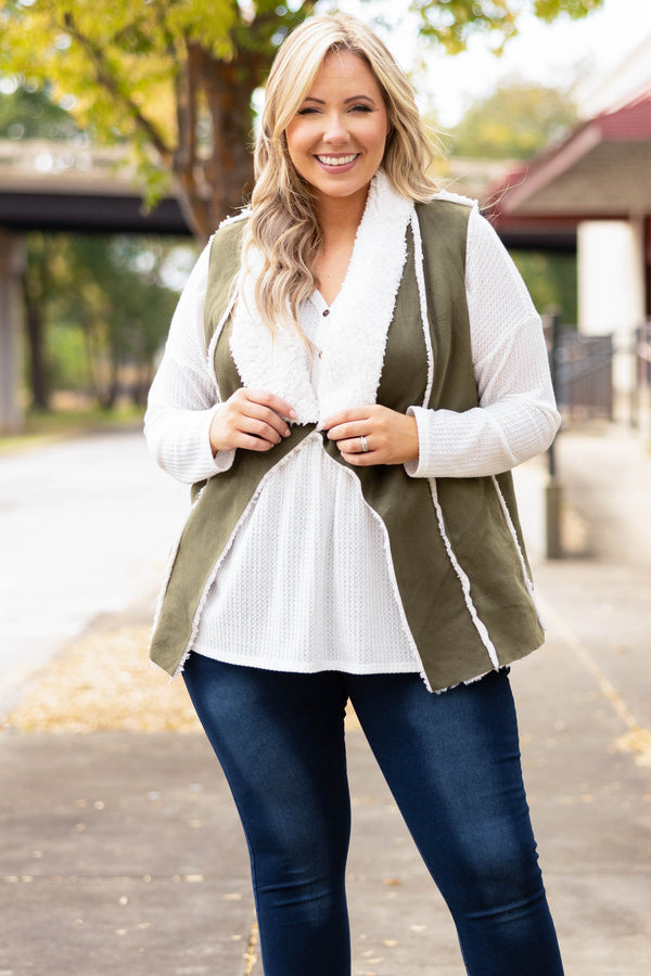 Chic Soul plus size clothing, olive and white vest