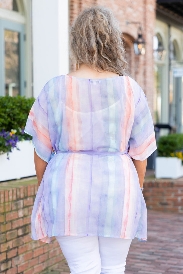 Chic Soul plus size clothing, lavender and coral striped sheer top with tie at the waist