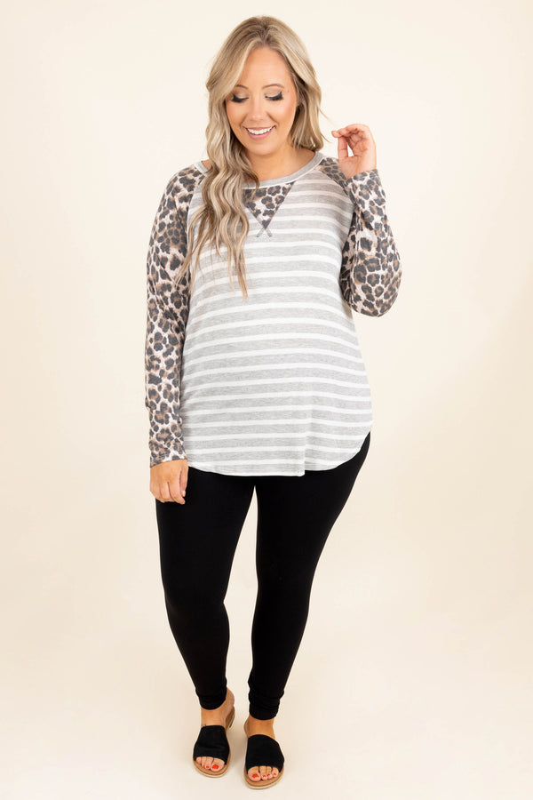 Chic Soul plus size clothing, white and grey stripped with leopard print long sleeves and neck detailing top