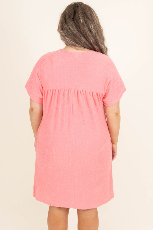 Chic Soul plus size clothing, pink swiss dot style short sleeve casual babydoll dress with pockets
