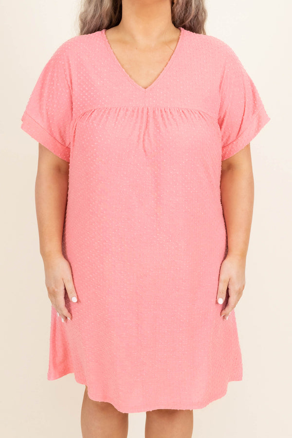 Chic Soul plus size clothing, pink swiss dot style short sleeve casual babydoll dress with pockets