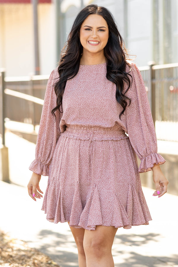 Chic Soul plus size clothing, mauve and white mini long sleeve dress with pleats