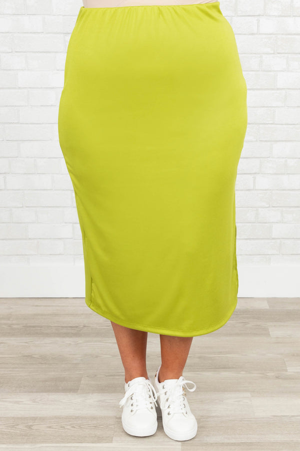 Chic Soul plus size clothing, lime color midi skirt with side split