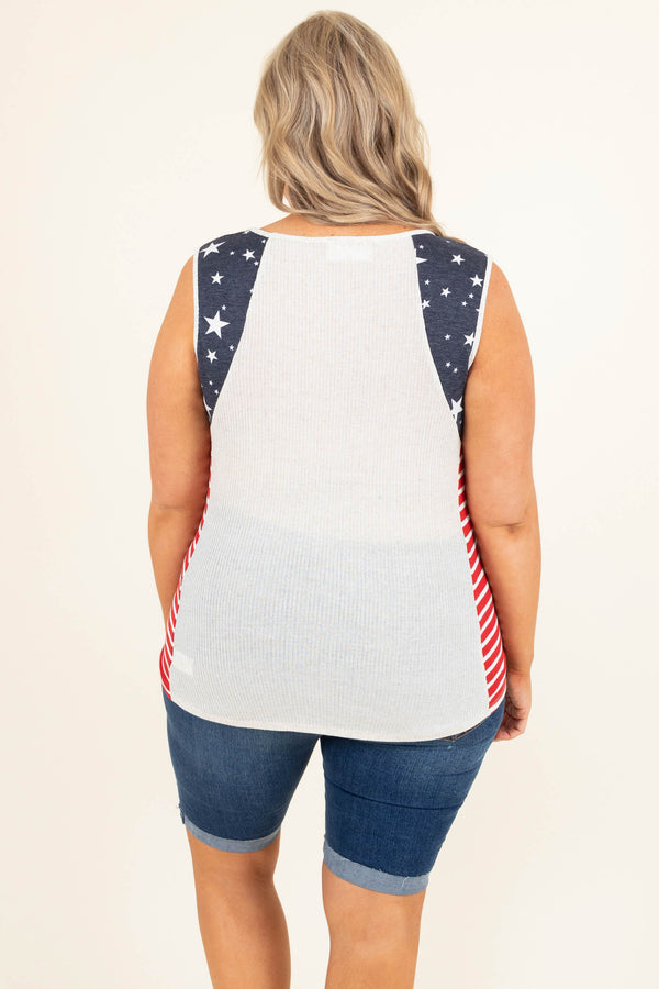 Chic Soul plus size clothing, oatmeal knitted with blue and red stars and stripes detailing tank style sleeves tank top