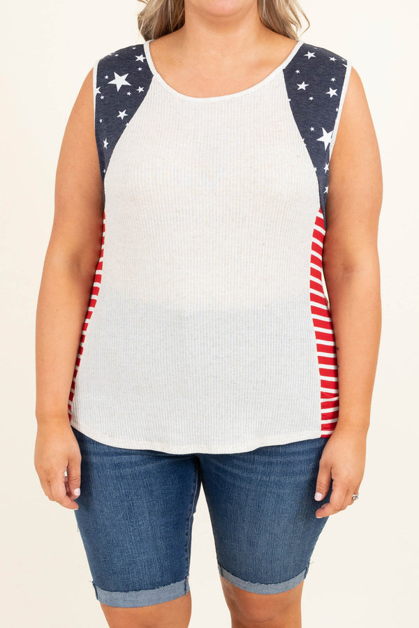 Chic Soul plus size clothing, oatmeal knitted with blue and red stars and stripes detailing tank style sleeves tank top