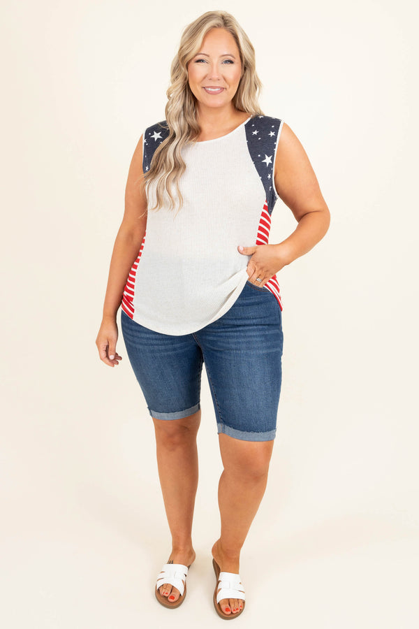 Chic Soul plus size clothing, oatmeal knitted with blue and red stars and stripes detailing tank style sleeves tank top