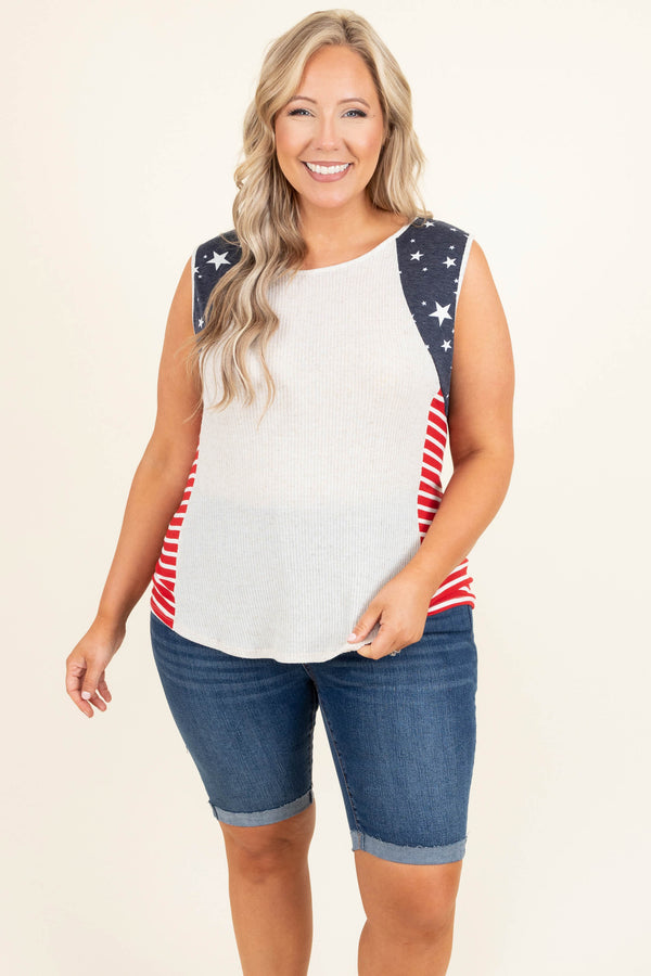 Chic Soul plus size clothing, oatmeal knitted with blue and red stars and stripes detailing tank style sleeves tank top 