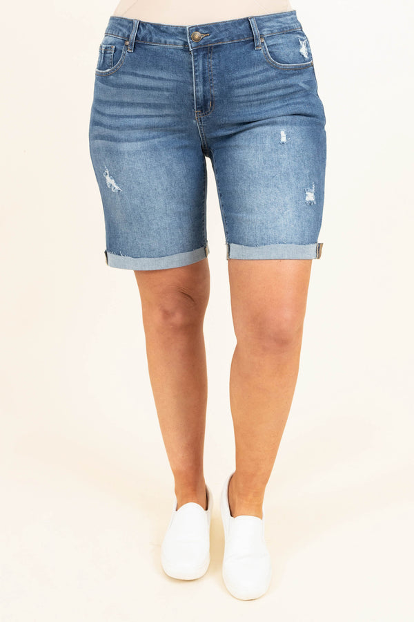 Chic Soul plus size clothing, medium wash slightly distressed denim shorts