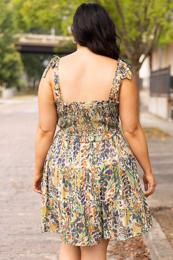 Chic Soul plus size clothing, green moss multi color floral tank style tie sleeves babydoll dress