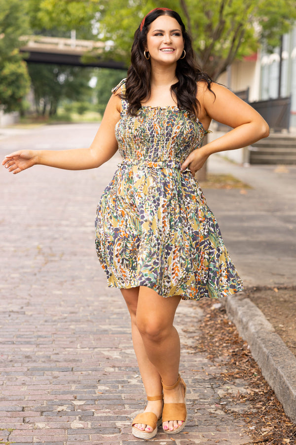 Chic Soul plus size clothing, green moss multi color floral tank style tie sleeves babydoll dress