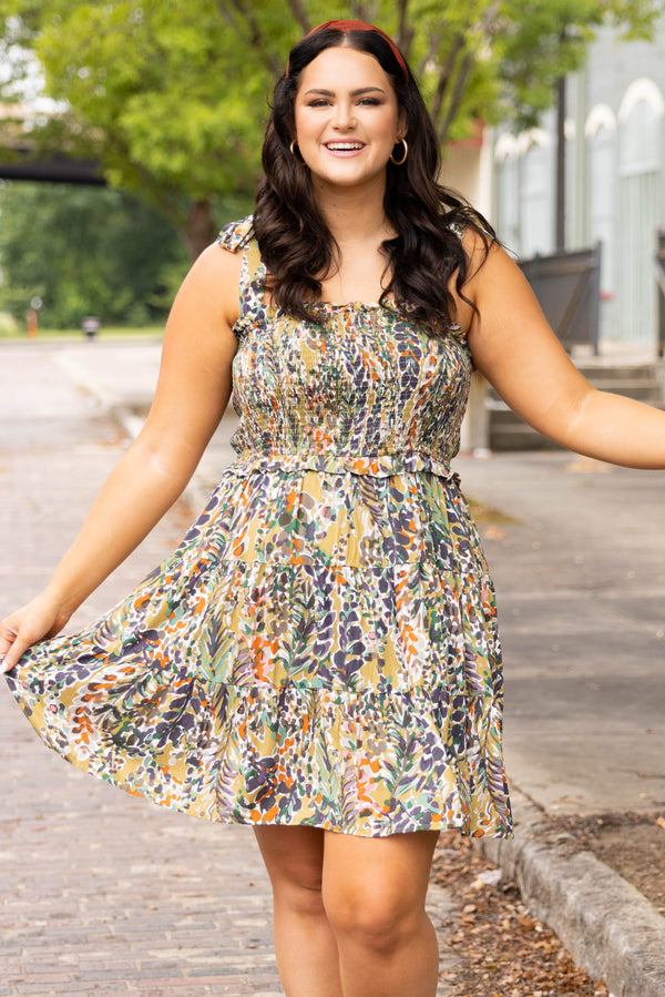 Chic Soul plus size clothing, green moss multi color floral tank style tie sleeves babydoll dress