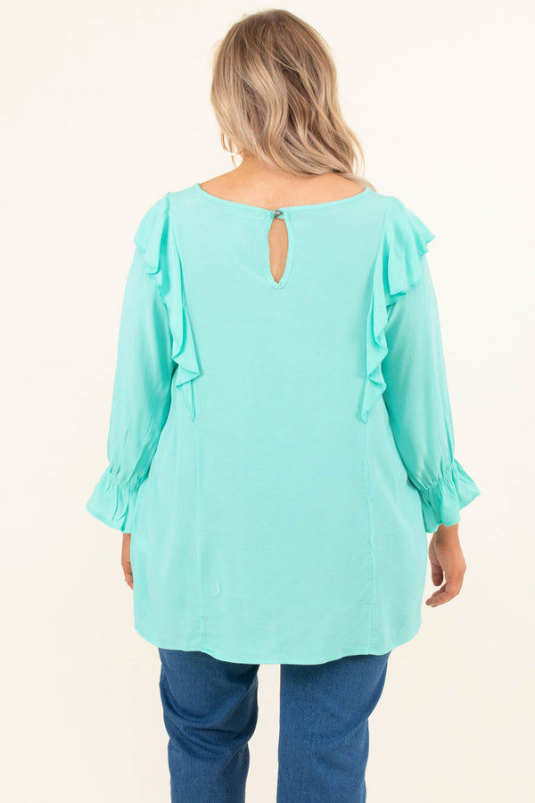 Chic Soul plus size clothing, mint blue 3/4 length bubble sleeve top