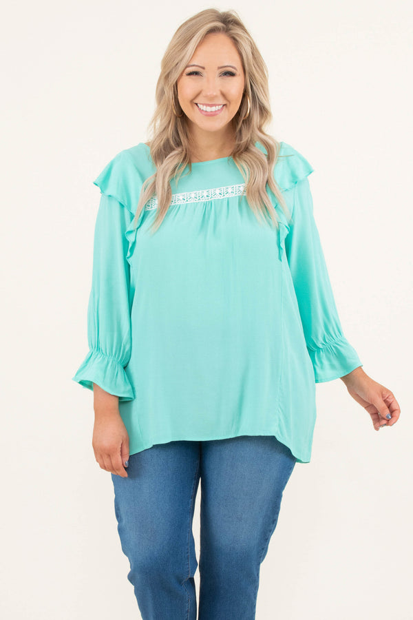 Chic Soul plus size clothing, mint blue 3/4 length bubble sleeve top