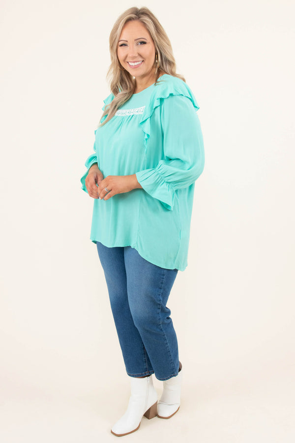 Chic Soul plus size clothing, mint blue 3/4 length bubble sleeve top