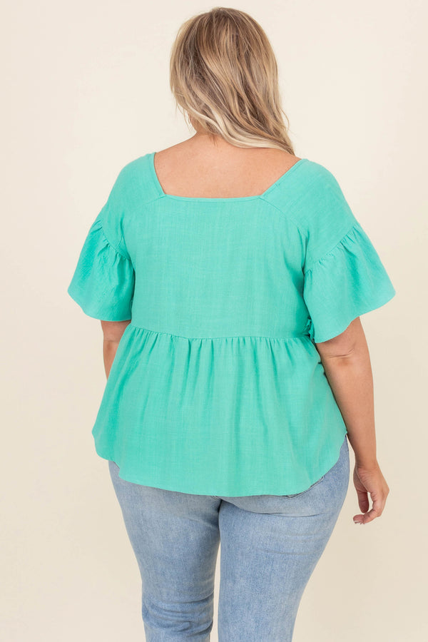 Chic Soul plus size clothing, emerald square neck short bell sleeve babydoll top