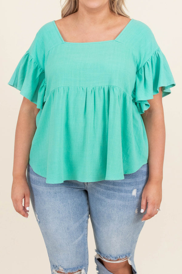Chic Soul plus size clothing, emerald square neck short bell sleeve babydoll top