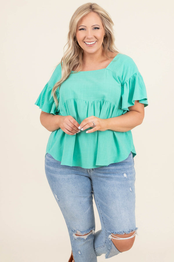 Chic Soul plus size clothing, emerald square neck short bell sleeve babydoll top