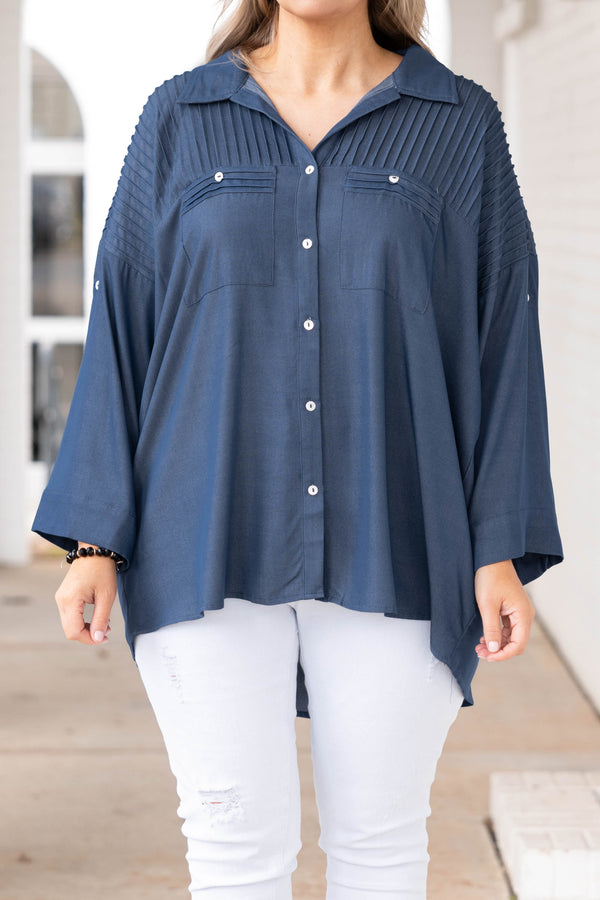 Chic Soul plus size clothing, denim colored button down top with open sleeves