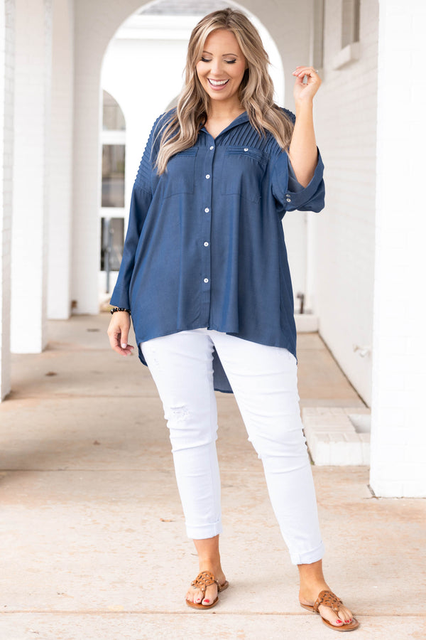Chic Soul plus size clothing, denim colored button down top with open sleeves