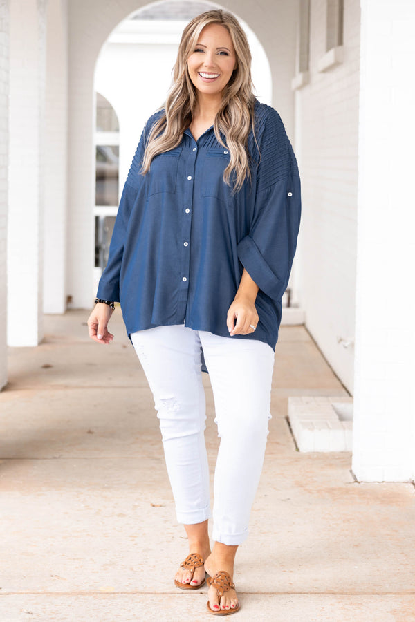 Chic Soul plus size clothing, denim colored button down top with open sleeves