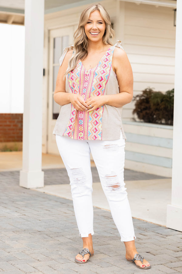 Chic Soul plus size clothing, natural tan colored top with multicolor aztec pattern and shoulder ties