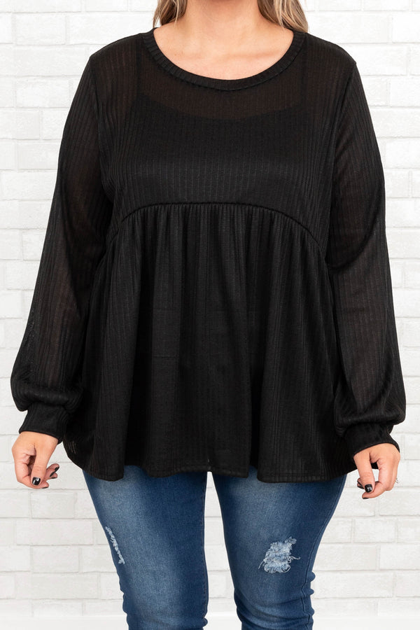 Chic Soul plus size clothing, black long sleeves baby doll style top