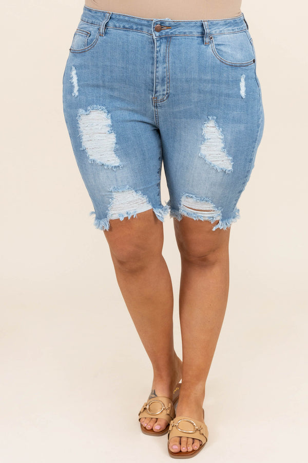 Chic Soul plus size clothing, light wash high waisted mid length distressed denim shorts