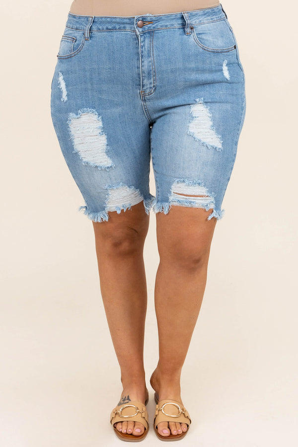 Chic Soul plus size clothing, light wash high waisted mid length distressed denim shorts