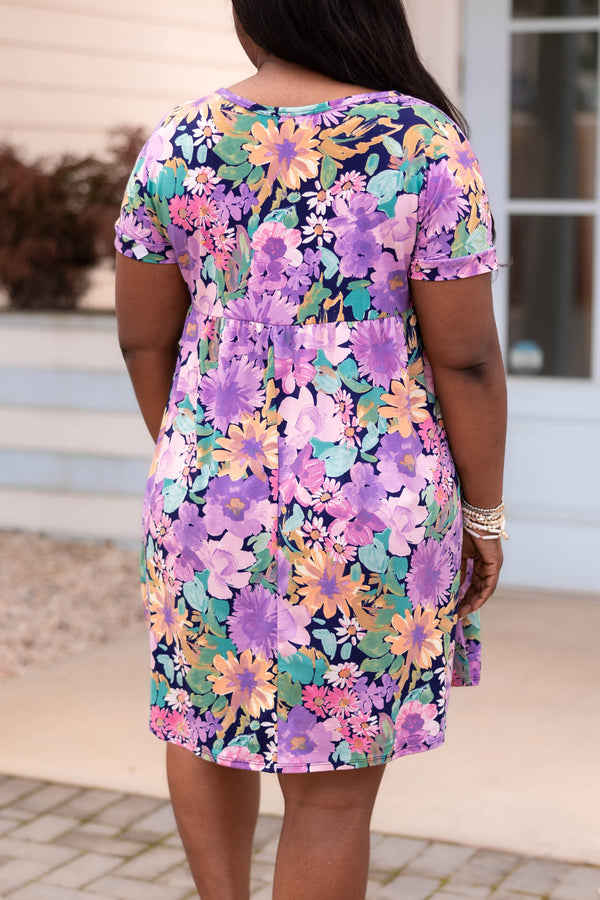 Chic Soul plus size clothing, navy dress with multicolor floral pattern