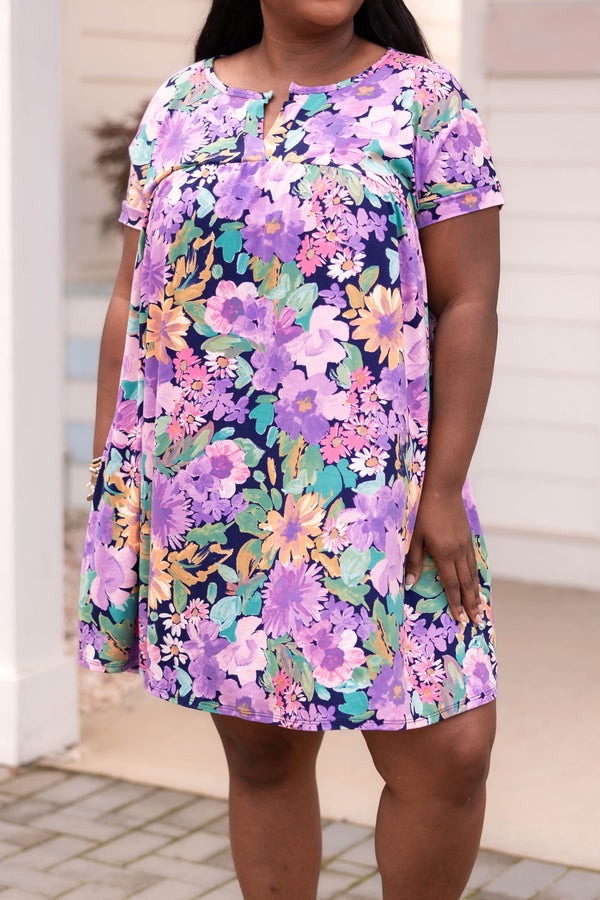 Chic Soul plus size clothing, navy dress with multicolor floral pattern