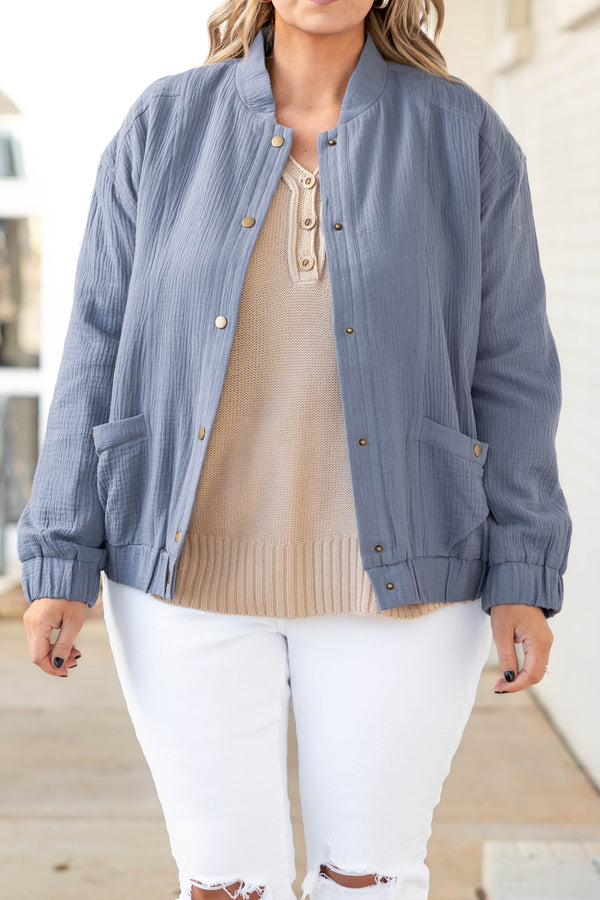 Chic Soul plus size clothing, denim blue ribbed jacket with snap buttons
