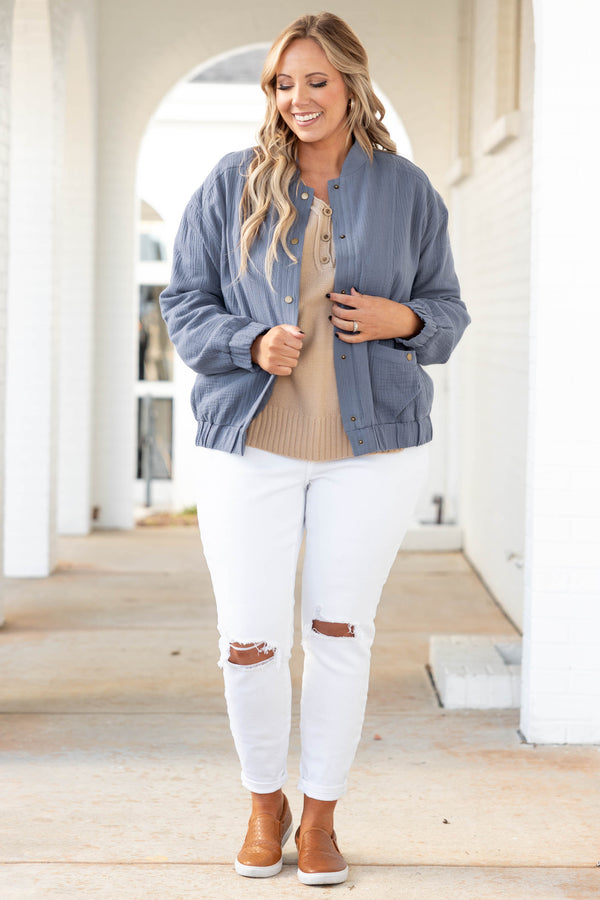 Chic Soul plus size clothing, denim blue ribbed jacket with snap buttons