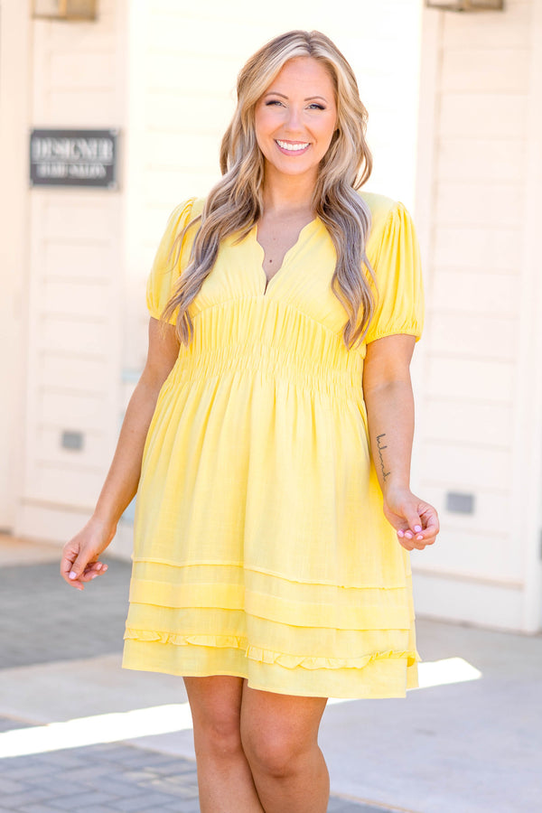 Chic Soul plus size clothing, yellow scalloped neckline dress with smocked waistline