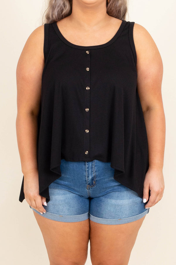 Chic Soul plus size clothing, sleeveless black button down tunic top