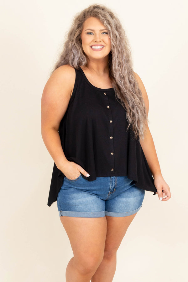 Chic Soul plus size clothing, sleeveless black button down tunic top 