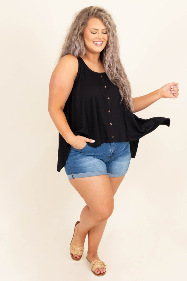 Chic Soul plus size clothing, sleeveless black button down tunic top