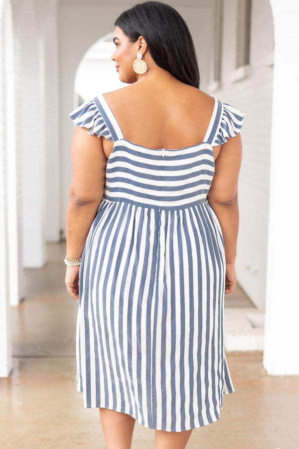 Chic Soul plus size clothing, denim and white striped dress with flutter sleeves