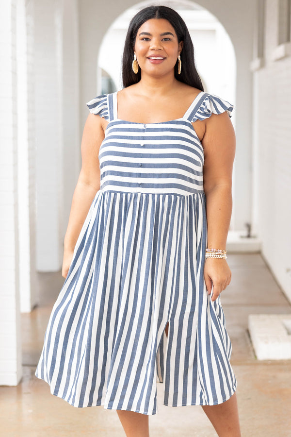 Chic Soul plus size clothing, denim and white striped dress with flutter sleeves