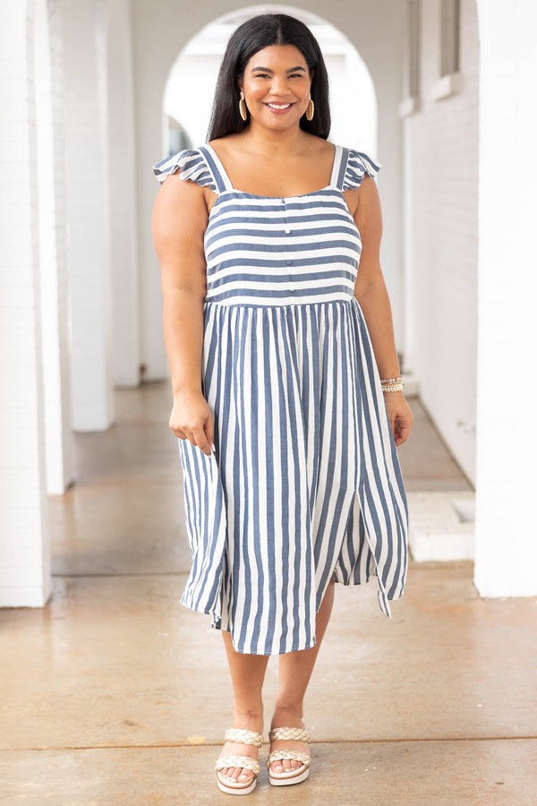 Chic Soul plus size clothing, denim and white striped dress with flutter sleeves