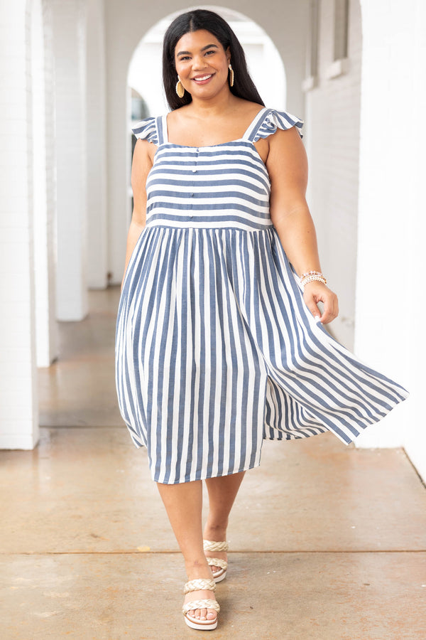 Chic Soul plus size clothing, denim and white striped dress with flutter sleeves
