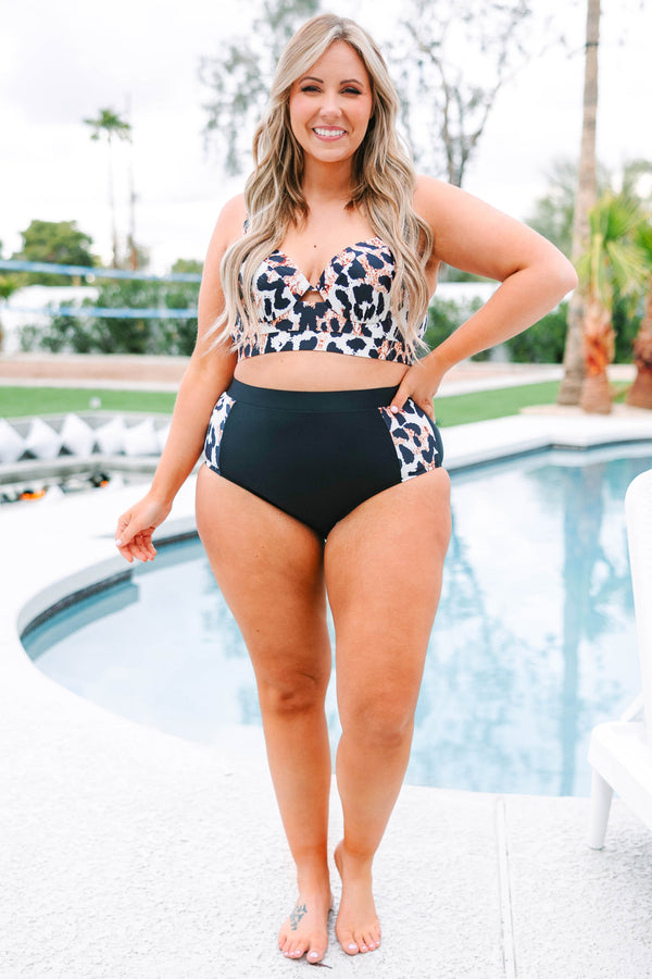 Chic Soul plus size clothing, leopard and black high waisted swim bottom